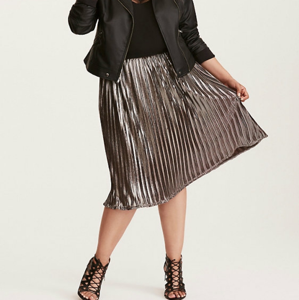 Brown Metallic Pleated Midi Skirt